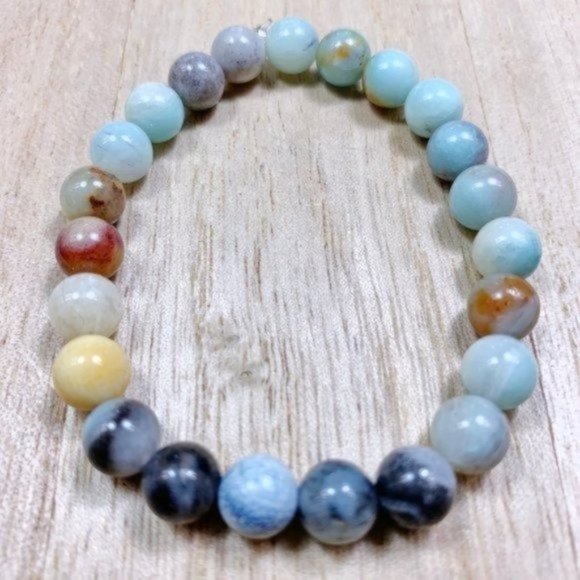 8mm Mixed Amazonite Chakra Stretch Bracelet - Picture 7 of 10